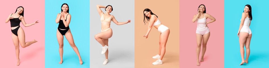 Set of young body positive woman in underwear on color background