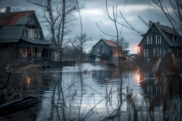 Fototapeta premium Several rural wooden houses submerged as a result of flooding. A harrowing scene. Generative AI.