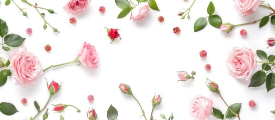 Obraz premium Circular floral wreath design featuring roses, pink flower buds, branches, and leaves on a white background. Viewed from above in a flat lay style.