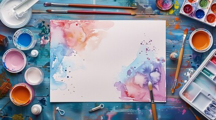 Artistic blank card, surrounded by watercolor supplies, creative birthday vibes