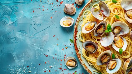 Seafood pasta with clams served over spaghetti on a bright surface