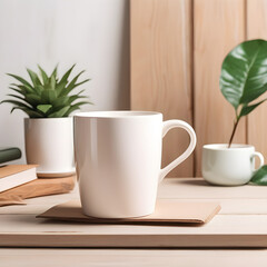 Mock up white mug cup on the table minimalistic style 