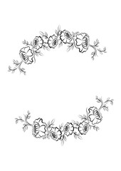 Flower wreath, Hand drawn floral oval frame wreath black on white background