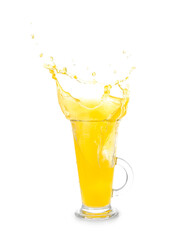 Glass cup of fresh orange juice with splashes on white background
