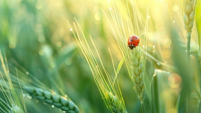 Beautiful ladybug on fresh young green wheat ears on nature wheat field. AI generated image