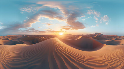 A panoramic view of a desert with sand dunes at sunset, using a wide-angle lens to capture the expansive landscape and vivid colors