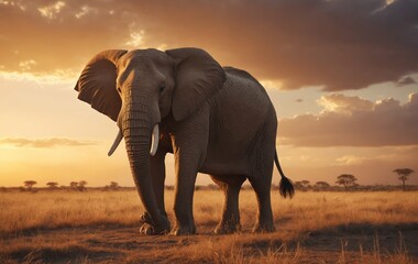 Majestic Elephants Roaming the Savannah at Sunset