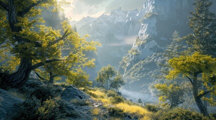Fototapeta na wymiar Beautiful scene view high mountain in morning of natural landscape. AI generated