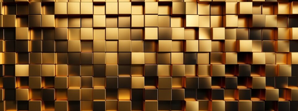 Luxurious golden background. Gold random mosaic decoration. Cubic backdrop. Glossy square shapes. Architectural abstraction. Interior concept.
