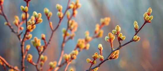 Background of tree branches with buds in the spring. - obrazy, fototapety, plakaty