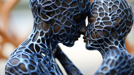 A couple of sculptures are made out of blue and white wire, AI