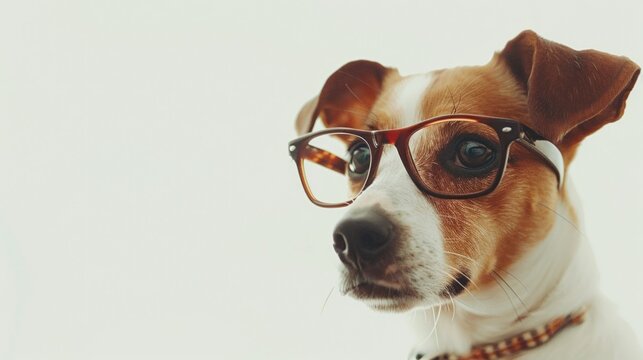 Portrait funny cute smart dog stylist with glasses on white background. AI generated image