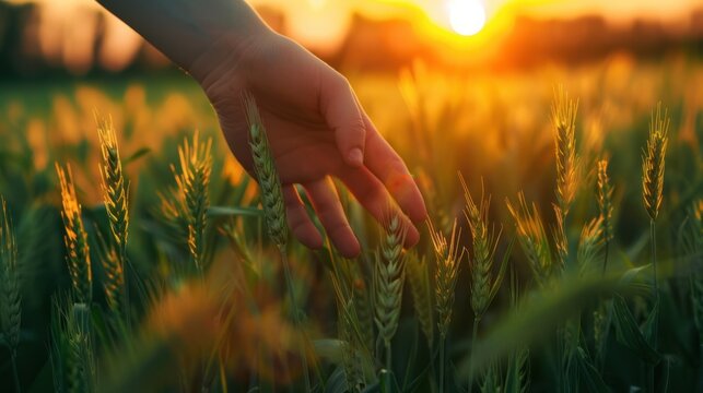 Closeup a human hand touching green grass wheat field during sunset. AI generated image