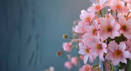 delicate pink flowers in vase against teal background. concepts: wellness and relaxation, spa advertisements, greeting cards, invitations, spring awakening, garden aesthetics, natures beauty