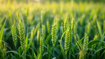 Fresh agriculture view of green wheat ears on nature field landscape. AI generated image