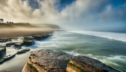 Fototapeta premium Beautiful seascape with a rocky beach and cloudy sky. Misty morning, windy weather. Long exposure photo. 