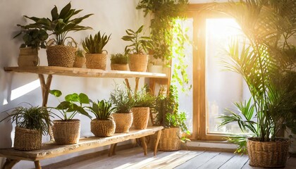 Room interior, full of tropical green plants in pots. Natural tropical jungle at home. Soft sunlight beams coming through the window. 