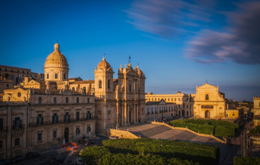 Fototapeta na wymiar Travel to Italy - front view of Noto Cathedral Minor Basilica of St Nicholas of Myra in Sicily. June 2023, Long exposure picture