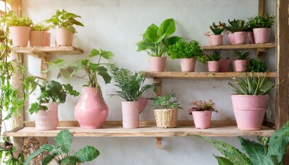 Bright room interior, wooden shelves with many green plants in pots on the wall. Pastel pale colours.  Natural home decorating style.  - obrazy, fototapety, plakaty