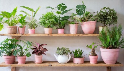 Bright room interior, wooden shelves with many green plants in pots on the wall. Pastel pale colours.  Natural home decorating style.  - obrazy, fototapety, plakaty