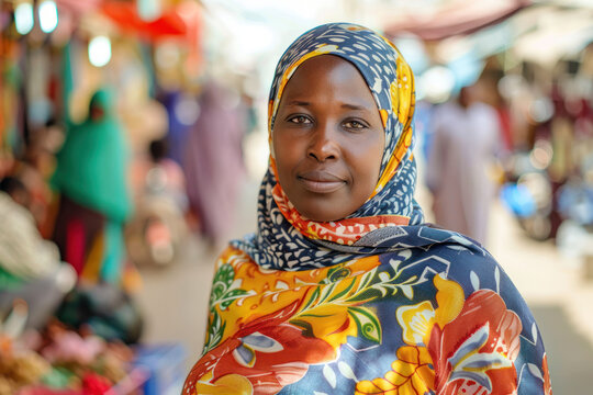 Portrait of a Smiling Muslim Sudanese Woman in Traditional Clothing Standing in a Busy Street Market