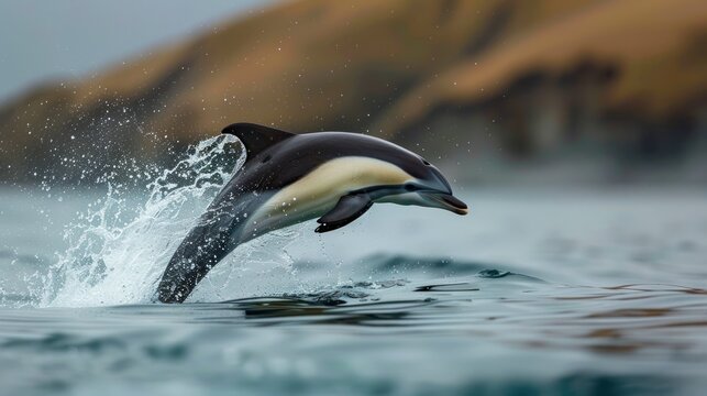 Portrait a dusky dolphin fish animal jumping up from ocean water. AI generated image