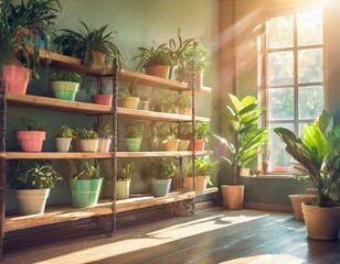 Bright room interior, wooden shelves with many green plants in pots on the wall. Pastel pale colours.  Natural home decorating style. 
Soft sunlight beams coming through the window.  - obrazy, fototapety, plakaty