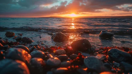 Foto op Plexiglas anti-reflex Beautiful beach with rough stone coast in foreground at sunset over ocean view. AI generated © MUCHIB
