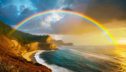 Beautiful landscape with a colorful rainbow over the sea coast.  Storm clouds in the sky. 