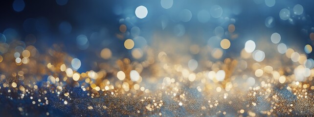 Holiday, christmas, new year, new year's eve background banner template - Abstract gold blue glitter bokeh lights texture, de-focused - obrazy, fototapety, plakaty