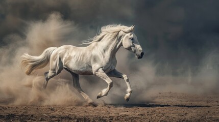 Dramatic view portrait grey horse stallion running fast in dust on dark background. AI generated - obrazy, fototapety, plakaty
