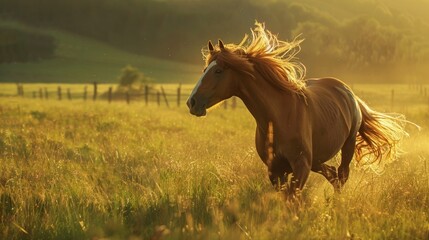 Portrait closeup a brown long mane horse running freedom on green field. AI generated image - obrazy, fototapety, plakaty