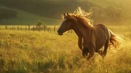 Poster Portrait closeup a brown long mane horse running freedom on green field. AI generated image © MUCHIB
