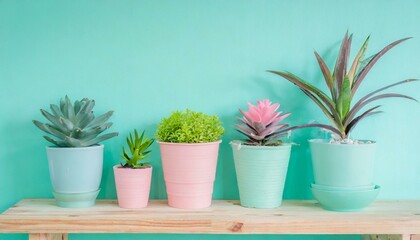 Fototapeta na wymiar Room wall with wooden shelves with many green plants in pots. Pastel turquoise and pink colours. Home interior natural decorating style. 