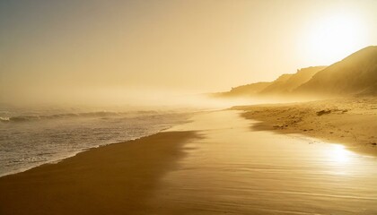 Fototapeta na wymiar Misty morning over Mediterranean sea. Soft golden sunlight, silky sandy beach, breeze blowing. 