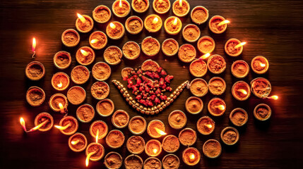A colorful candle arrangement with many candles lit.