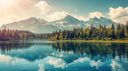 Beautiful deep mountain lake in dramatic scenery view landscape. AI generated image - obrazy, fototapety, plakaty