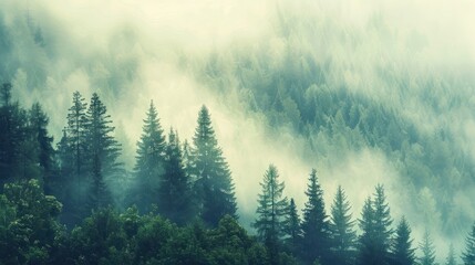 Fototapeta premium Beautiful scene misty foggy fir forest in morning hipster landscape. AI generated image