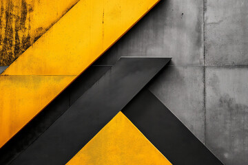 Geometric intersection of black and yellow stripes on concrete wall