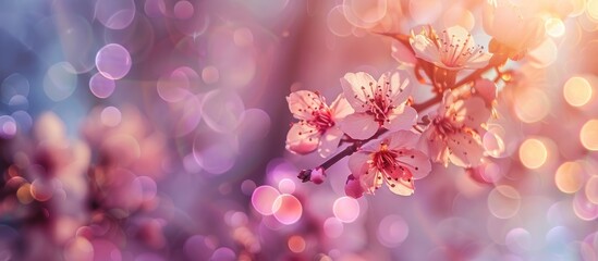 Cherry blossoms set against a softly blurred natural backdrop/ Blooming spring flowers/ Spring-themed background featuring bokeh effects