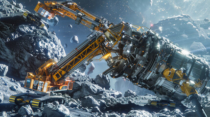 Futuristic Mining Machine Extracting Minerals on Asteroid Surface in Deep Space Setting