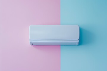 A white air conditioner is on a pink and blue background. Summer heat concept