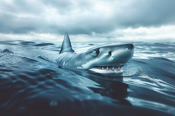 A shark is swimming in the ocean with its mouth open