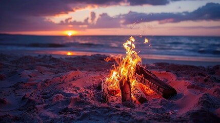beautiful bonfire on a beach with a nice summer sunset in high resolution and quality