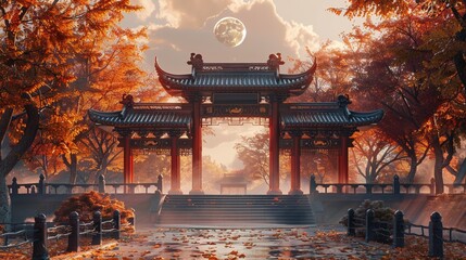A shared laugh under a Chinese moon gate, gateway to happiness - obrazy, fototapety, plakaty