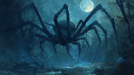 A shadowy forest where oversized spiders weave nightmares, moonlit terror - obrazy, fototapety, plakaty