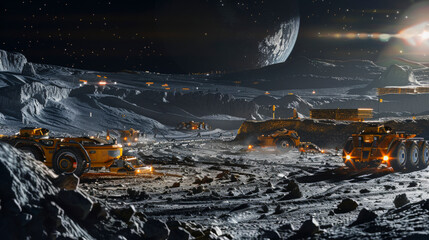 Lunar Mining Colony Extracting Resources on Moon's Surface with Earth-Like Planet in Sky