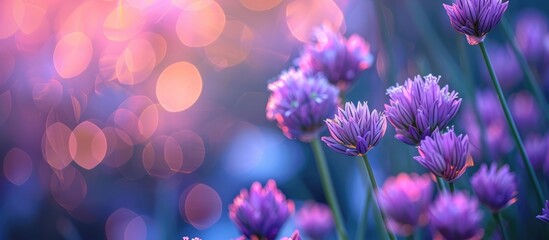 Chive herb blossoms against a lovely blurred background with a shallow depth of field. - obrazy, fototapety, plakaty