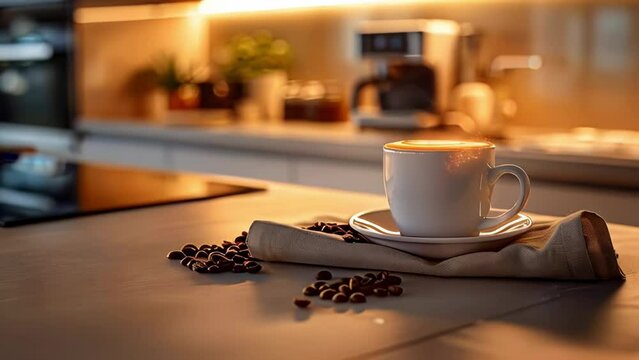 white cup of coffee with steam on a wooden table in a cozy home atmosphere with coffee beans scattered nearby in a warm light. The concept of home comfort and good morning