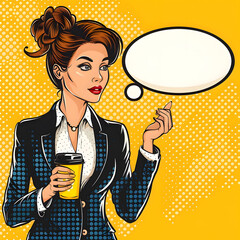 Illustration of beautiful business woman with coffee ,empty talk bubble for text